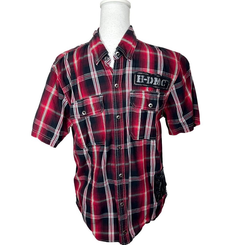 HARLEY-DAVIDSON Men's Snap Front Skull Shirt Red & Black Plaid Sz M EUC